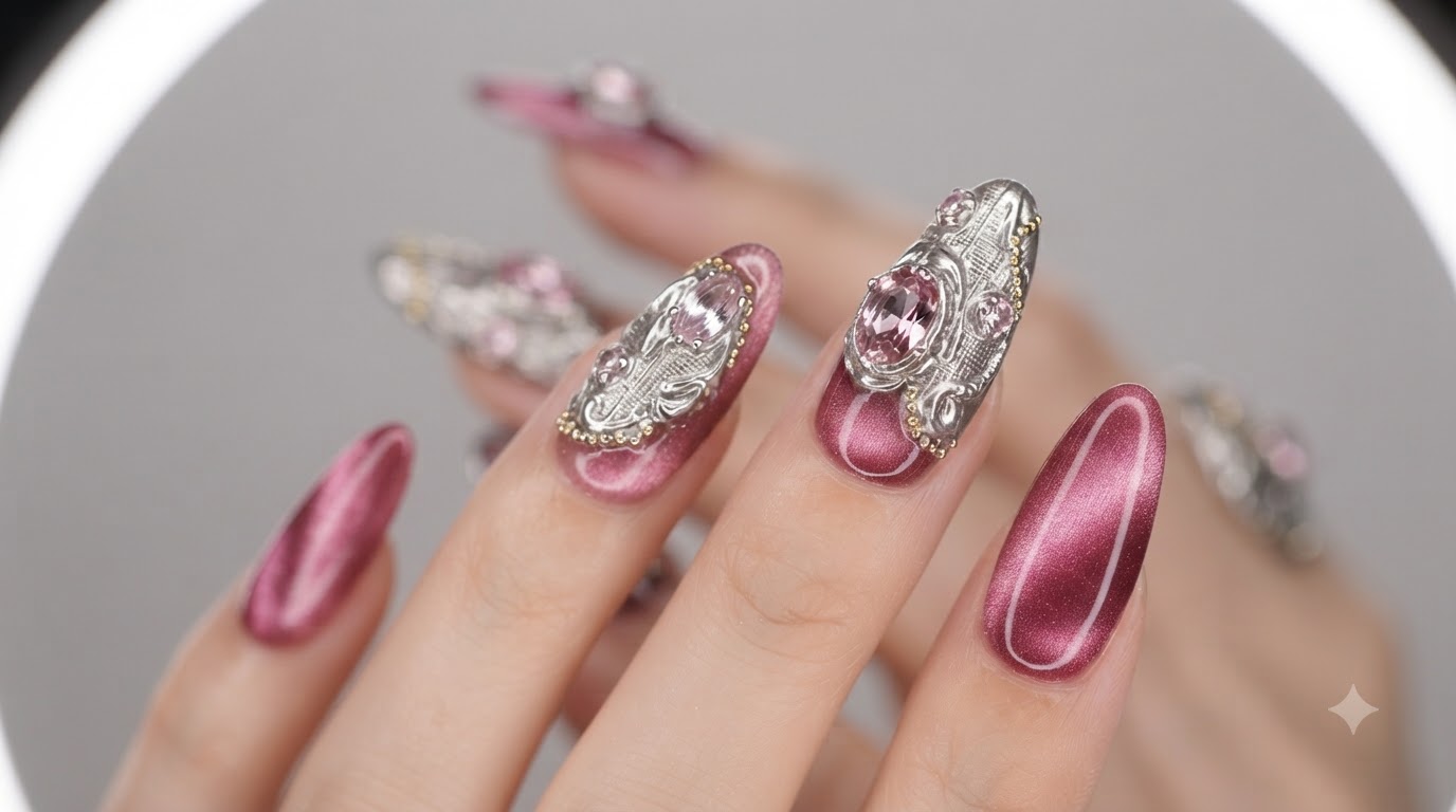 Toma macro en primer plano de un diseño de uñas terminado con efecto ojo de gato rosa y textura metálica estilo Buccellati, adornado con pedrería y cuentas doradas.