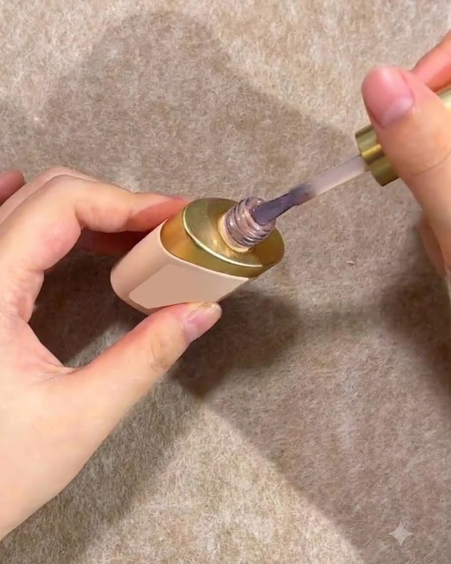 Un pincel aplicando esmalte de gel nude en la mitad inferior de una uña de práctica transparente.