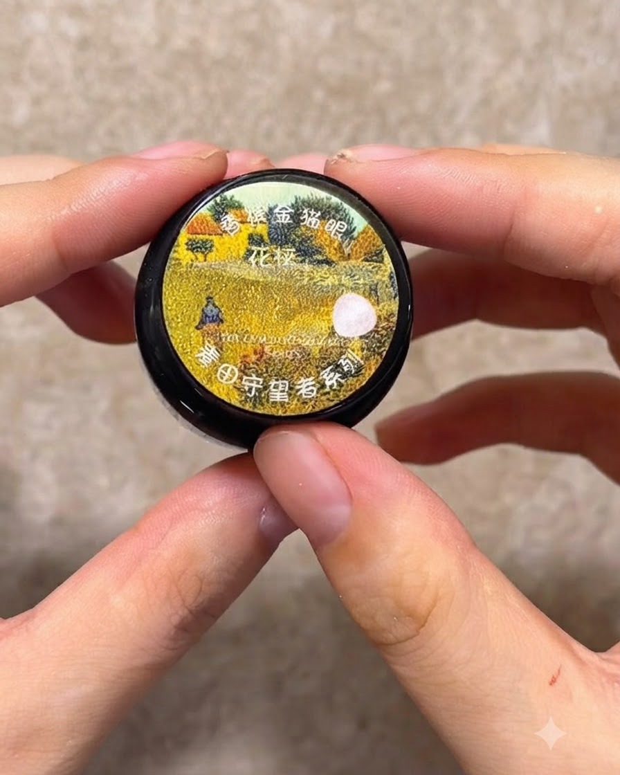 Manos sosteniendo un frasco pequeño de gel cat eye rosa dorado con una etiqueta decorativa.