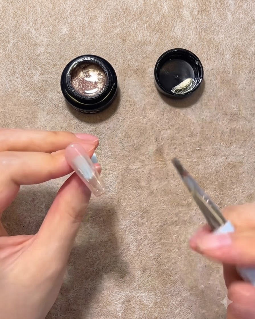 Un pincel delineador aplicando gel cat eye rosa dorado en la mitad superior de una uña postiza transparente.