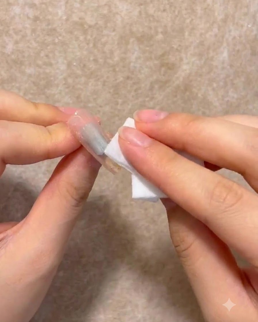 Una gasa sin pelusa limpiando el residuo pegajoso de la superficie de una uña de gel curada.