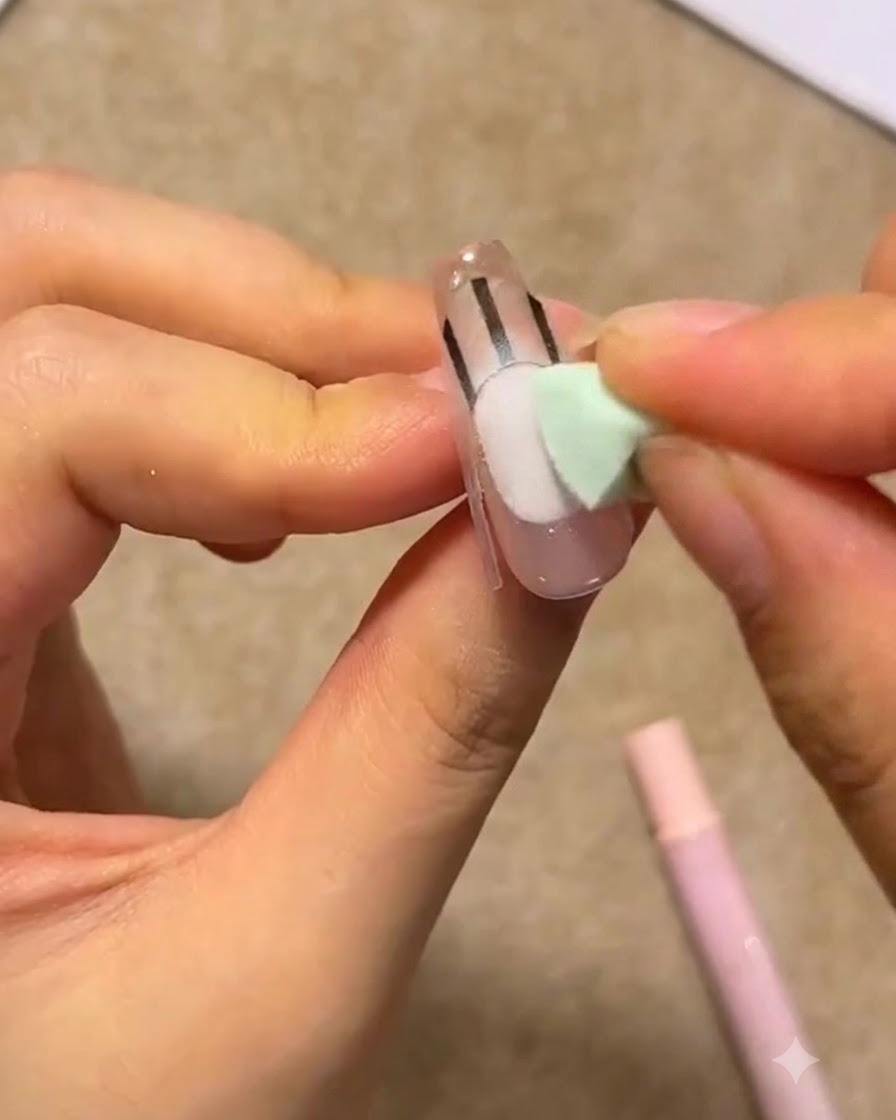 Un pequeño aplicador de esponja verde aplicando gel blanco en una uña con pegatinas guía francesas.