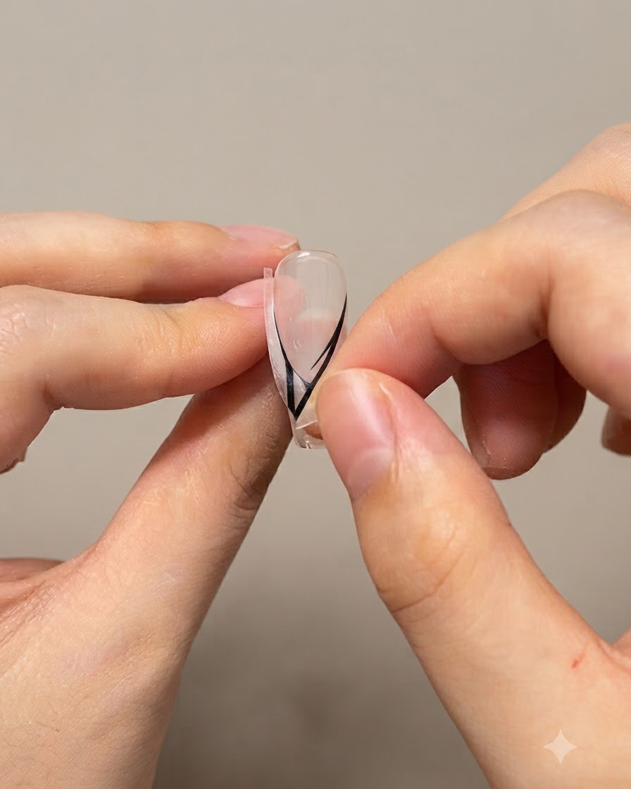 Un primer plano de manos despegando suavemente las pegatinas guía blancas de manicura francesa de los lados de una uña artificial transparente.