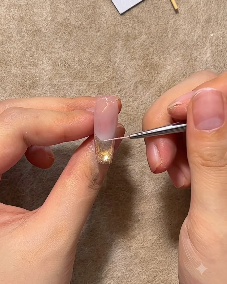 Un pincel delineador de uñas fino dibujando meticulosamente una línea de borde rosa en el medio de una uña decorada.