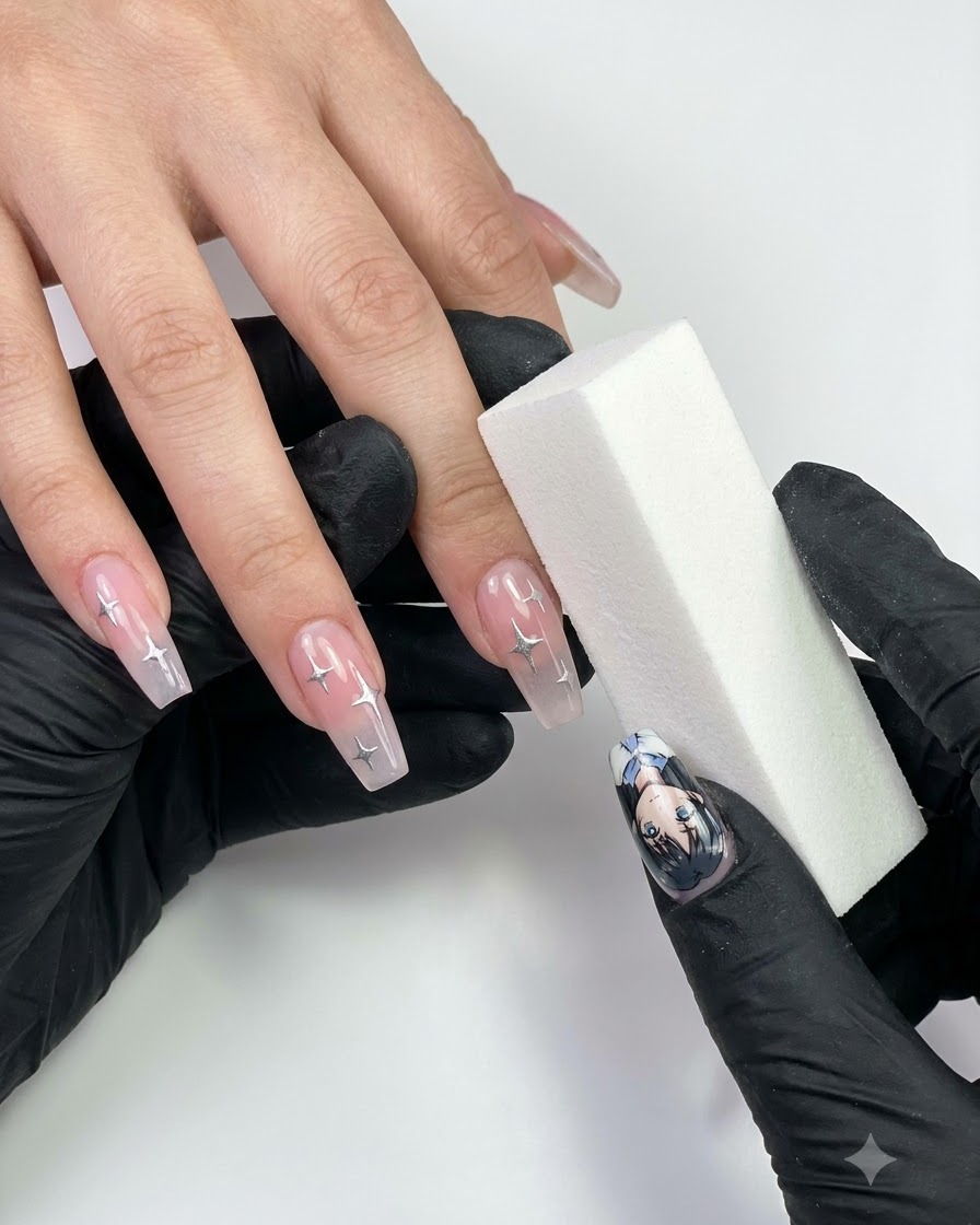 Una persona con guantes negros sosteniendo un bloque pulidor de uñas cerca de dedos manicurados.