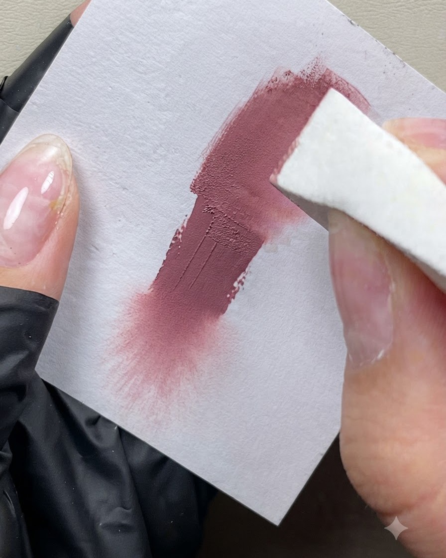 Una esponja en bloque aplicando gel rosa melocotón sobre una tarjeta de papel, mostrando una muestra con textura suave.