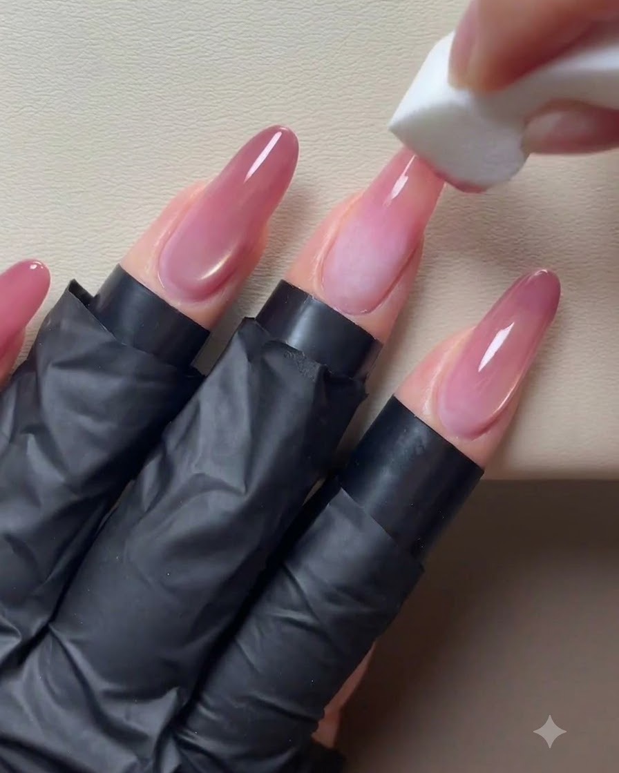Una esponja en bloque aplicando un degradado rosa suave en las puntas de uñas acrílicas largas con base nude.