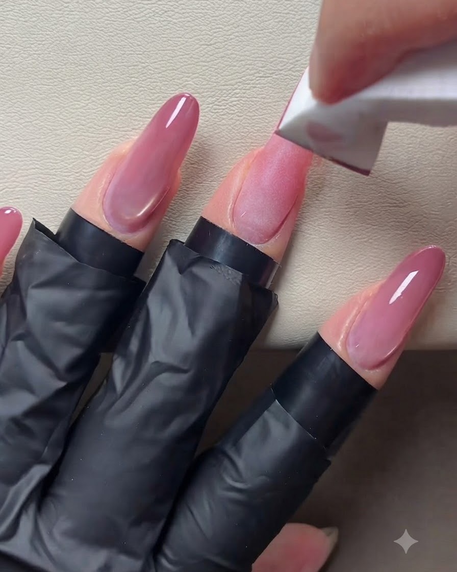 Una esponja en bloque aplicando una segunda capa más profunda de color rosa melocotón en las puntas de uñas manicuradas.
