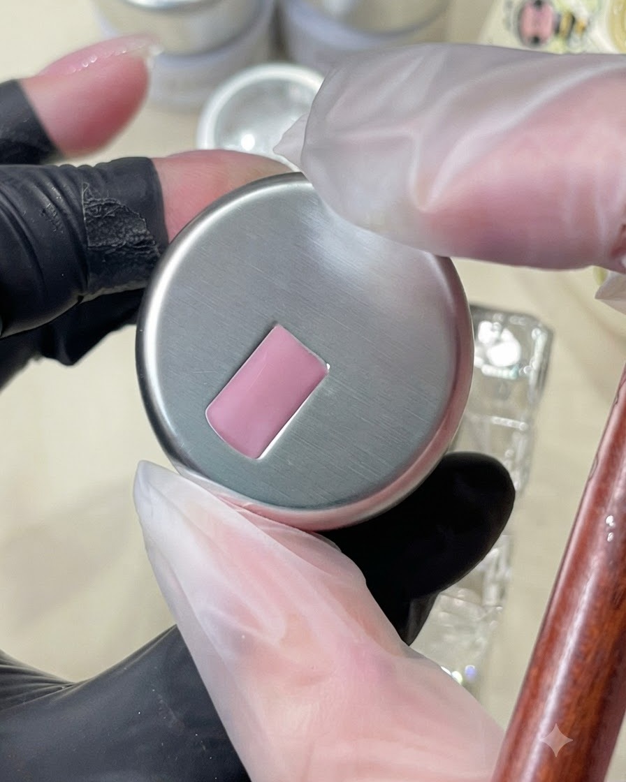 Un pincel sosteniendo y mostrando la consistencia de un gel rosado de ojo de gato sobre una configuración de uñas.