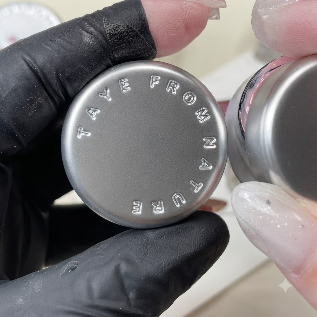 Un frasco de esmalte de gel rosado con texto en relieve en la tapa sostenido durante la preparación del color personalizado.