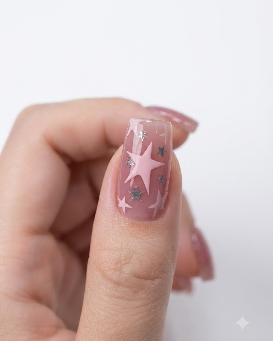 Una toma de primer plano de una uña del pulgar con una gran estrella rosada pintada cubierta con una brillante textura de diamante.