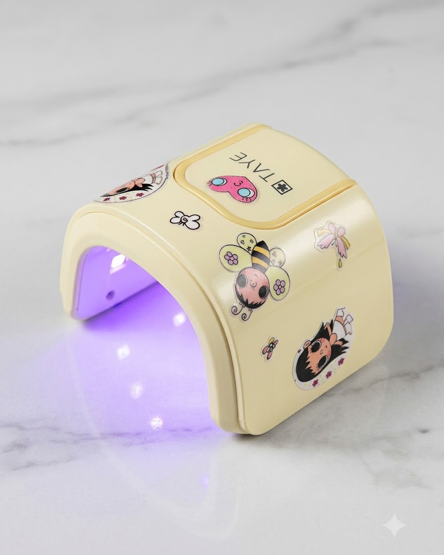 Una mano colocada dentro de una lámpara UV LED portátil compacta curando el reciente arte de uñas.