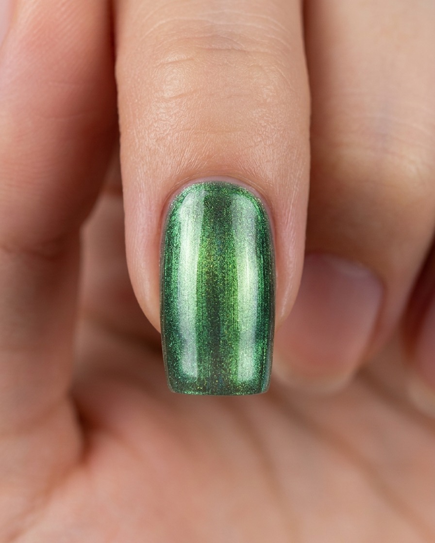 Primer plano de una uña verde con manicura ojo de gato y una franja magnética en el centro.
