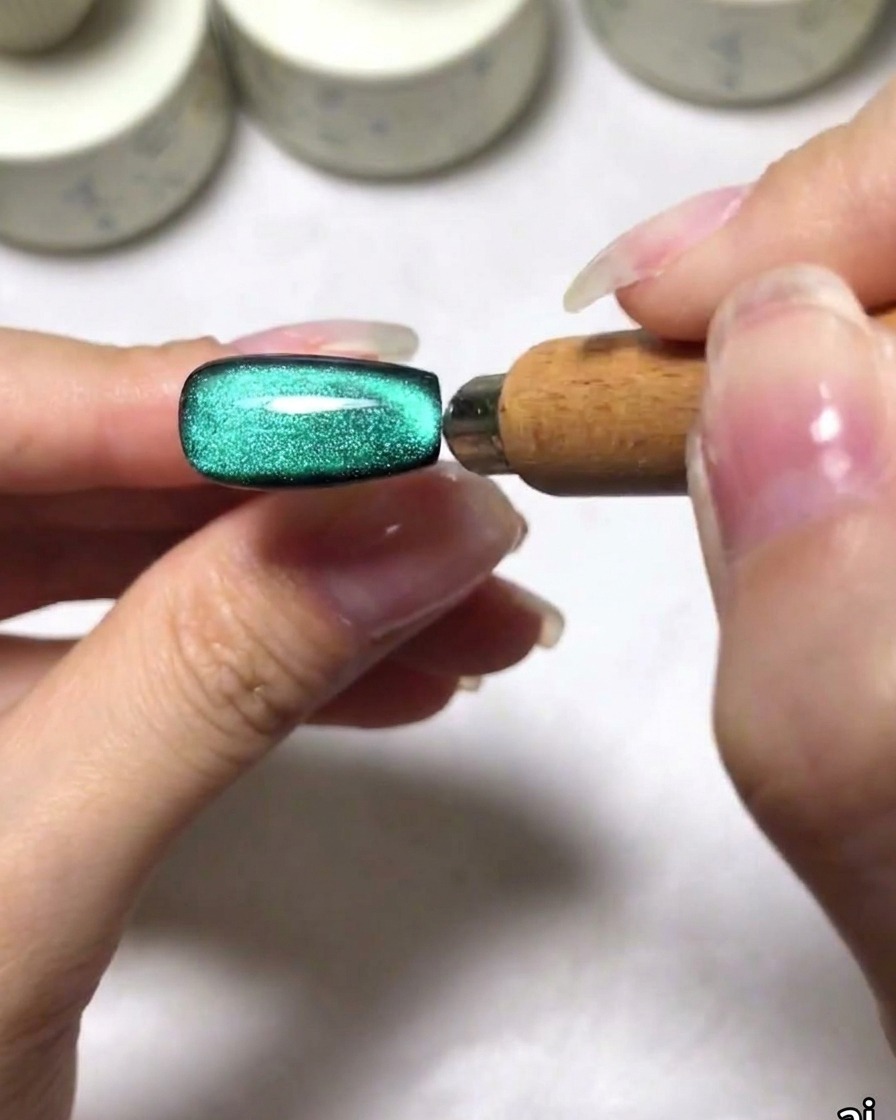 Un imán dando forma a un reflejo verde brillante de ojo de gato en una curva de línea de sonrisa en la punta de la uña.