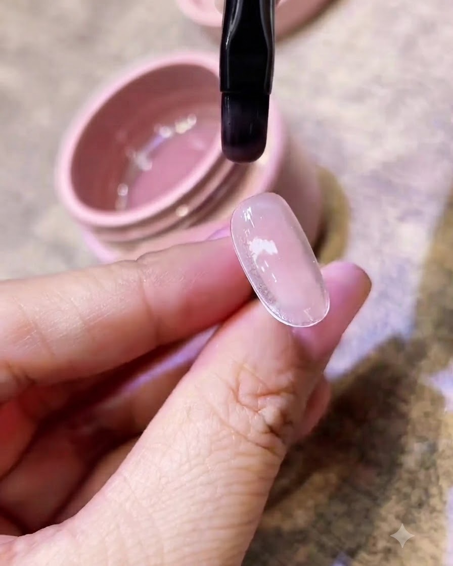 Pincel plano aplicando esmalte de gel rosa nude sobre una uña postiza transparente.