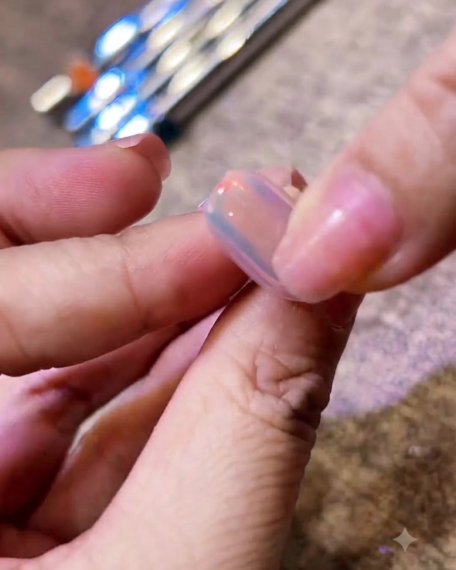 Uña con manicura secándose bajo la luz de una lámpara de uñas.