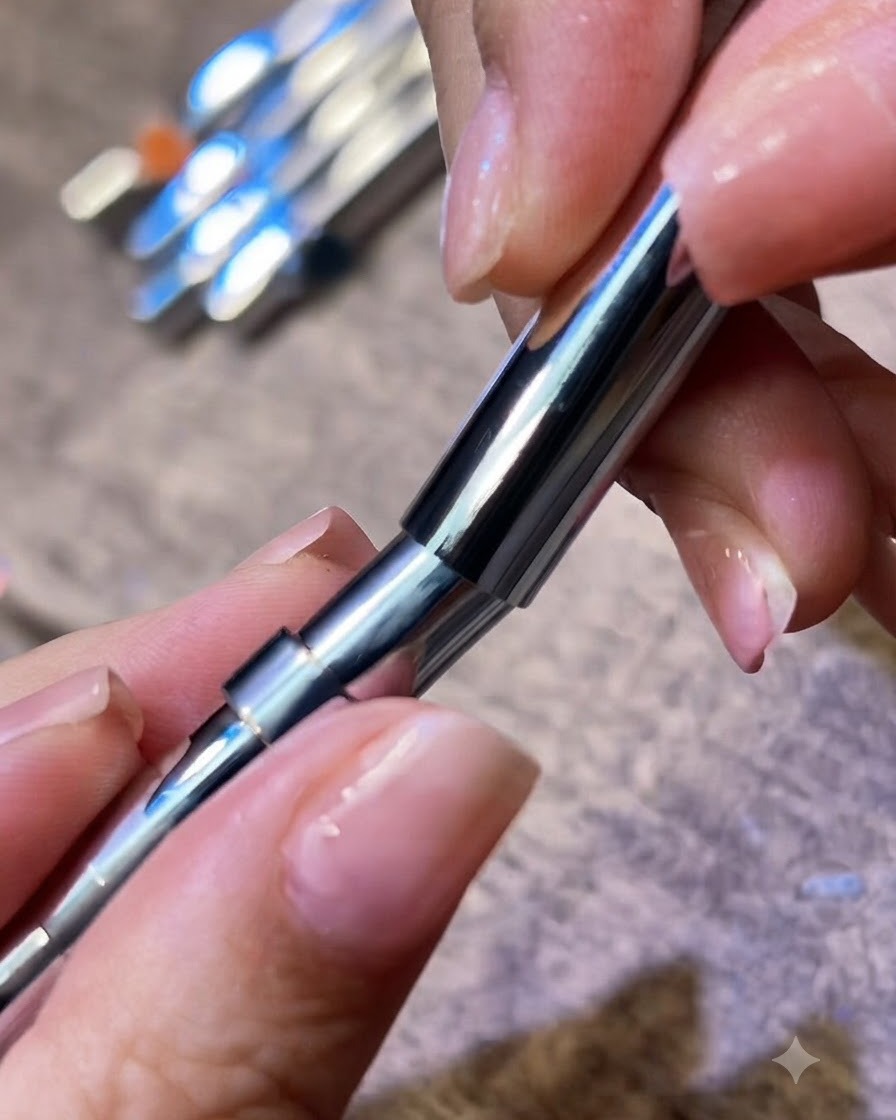Pincel plano de silicona aplicando polvo cromo aurora sobre la superficie de una uña.