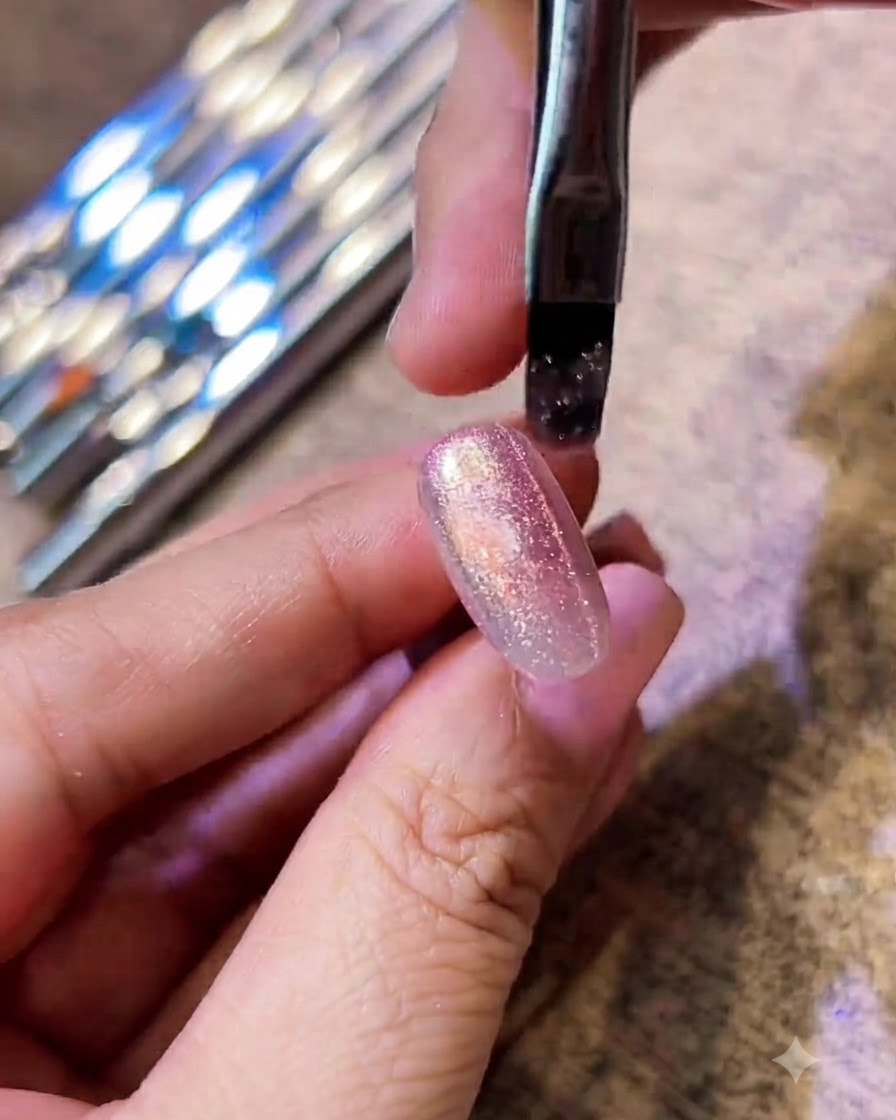 Pincel aplicando esmalte de gel cat eye brillante sobre una uña.