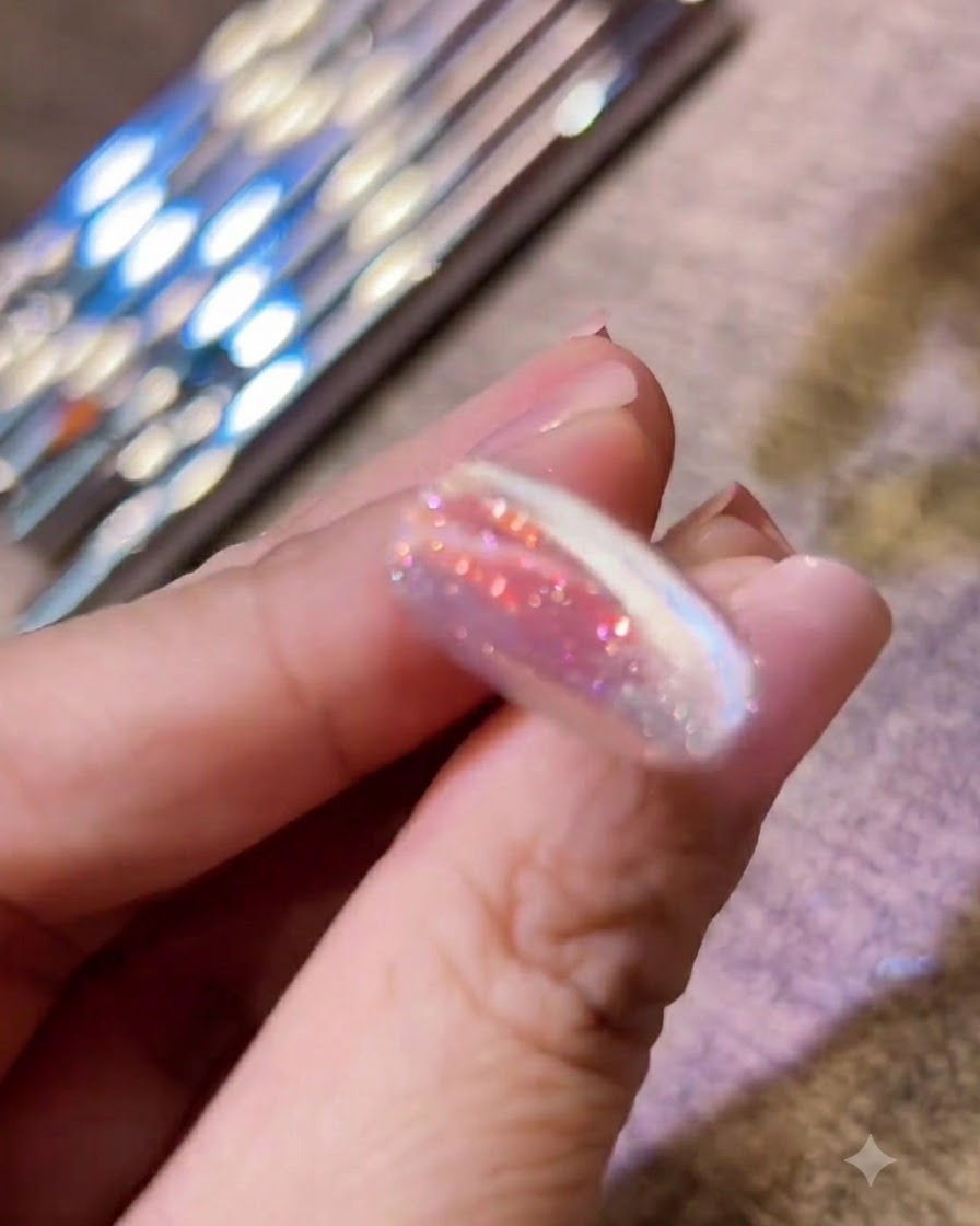 Mano descansando dentro de una lámpara de uñas UV/LED con luz morada curando el gel.