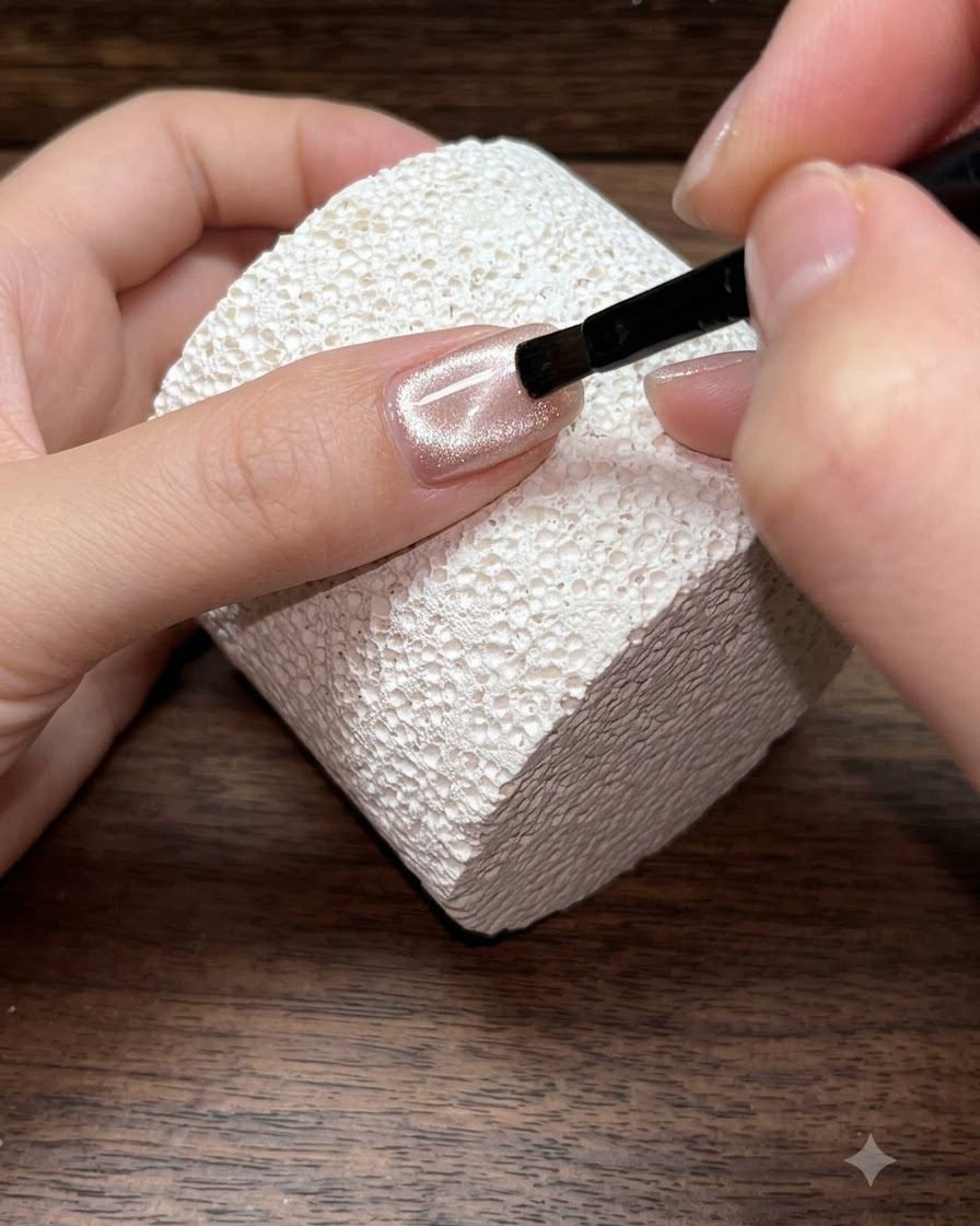 Un pincel de uñas aplicando gel cat-eye color champagne sobre una superficie de uña preparada.