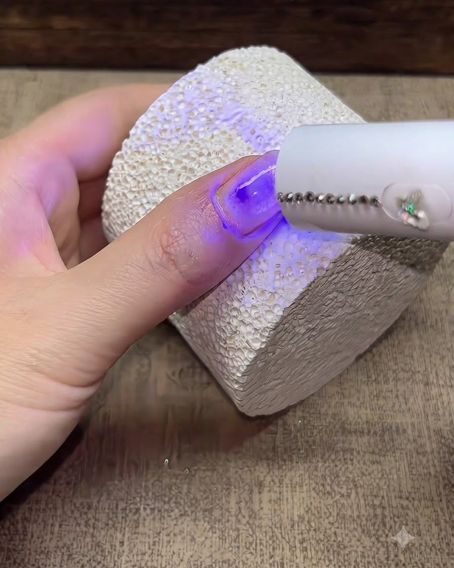 Una lámpara de uñas UV/LED portátil curando un dedo manicurado apoyado en una superficie blanca texturizada.