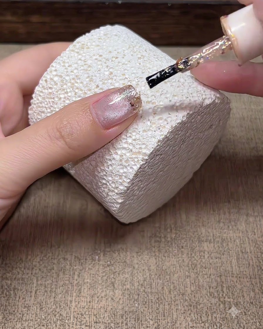 Un pincel de uñas aplicando pequeños copos de purpurina champagne en la punta de una uña de gel cat-eye.