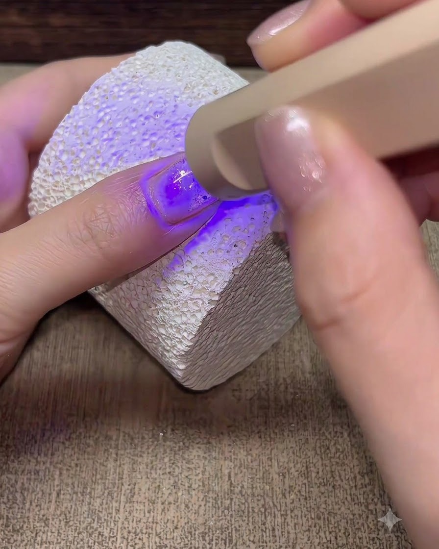 Una lámpara UV/LED portátil curando una uña cubierta con builder gel.