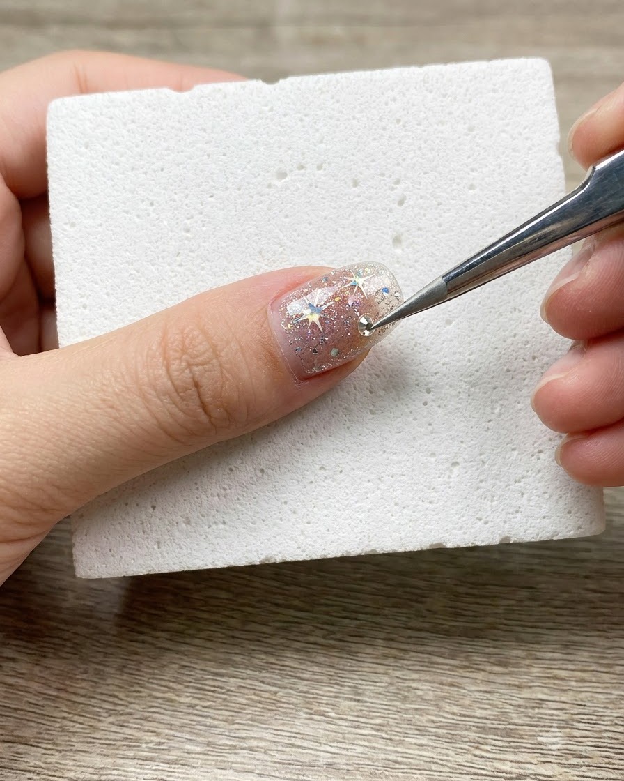 Una herramienta de detalles colocando una pequeña cuenta de pedrería plateada sobre una uña decorada apoyada en un bloque de espuma.