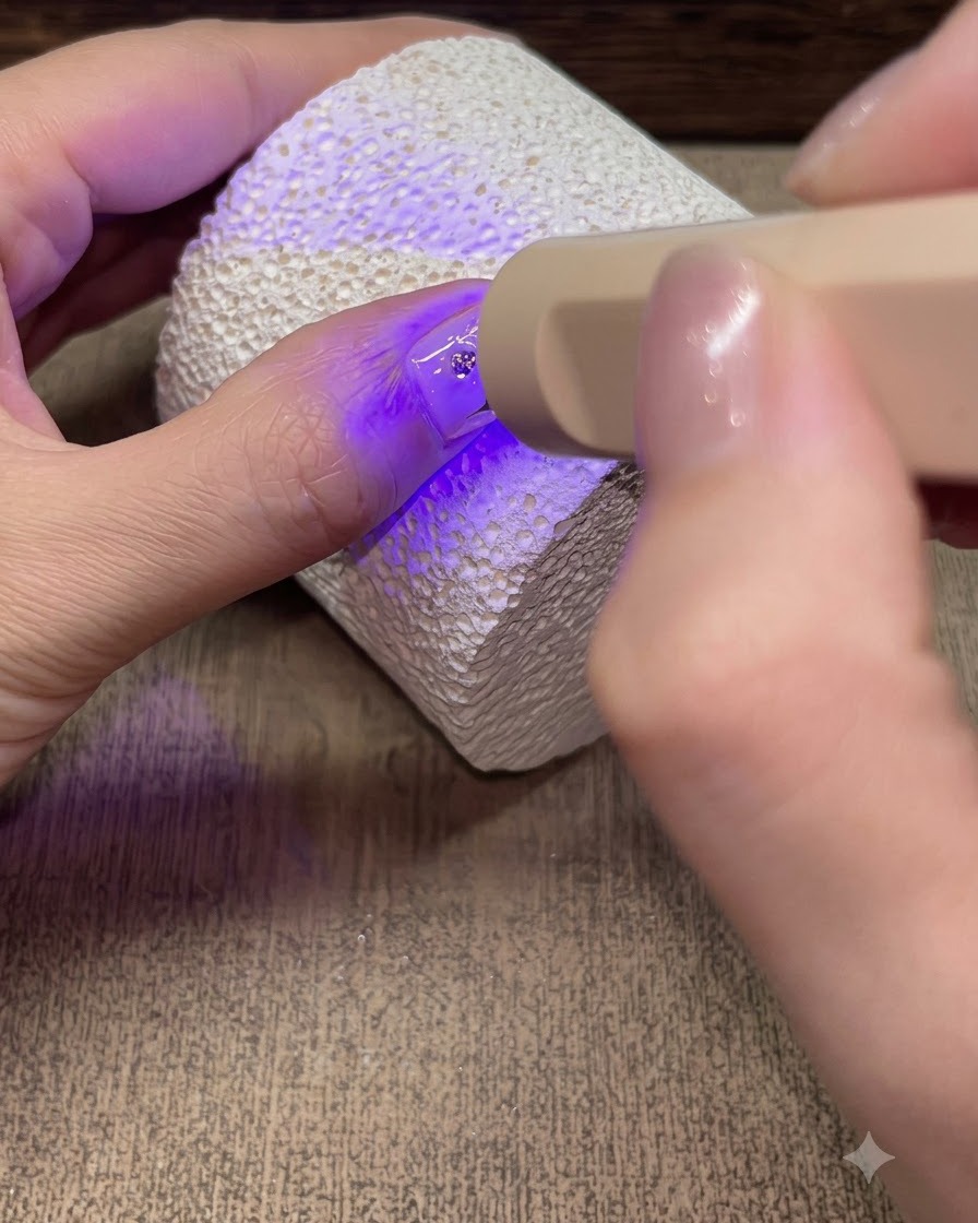 Una lámpara portátil UV/LED curando el sellado final de top coat sobre un diseño de uñas de estrellas brillantes.