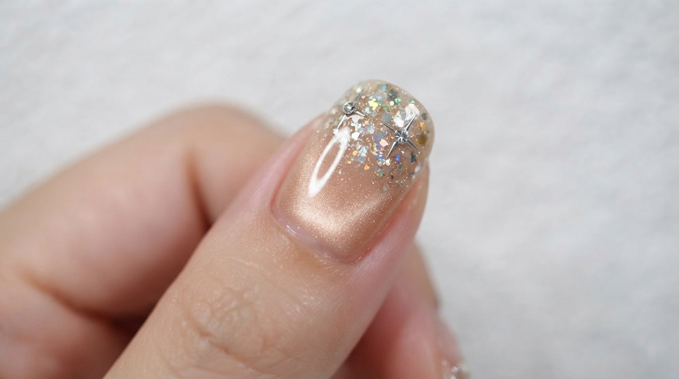 Tutorial de Uñas de Gel Cat Eye Champagne con Estrellas Brillantes