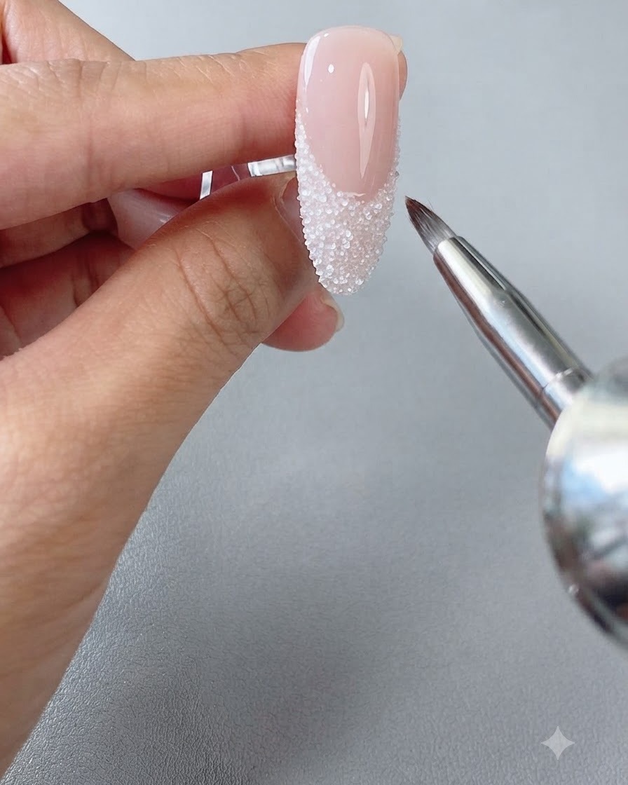 Un pequeño pincel de uñas cepillando suavemente el exceso de polvo blanco de inmersión de la punta francesa de una uña almendrada larga.