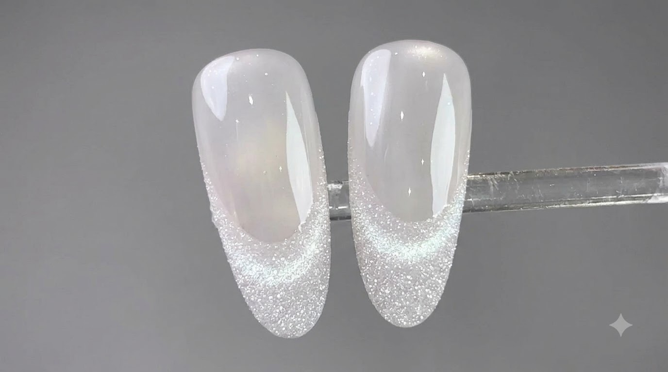 Uñas de Ojo de Gato Francés con Purpurina de Cristal y Brillo
