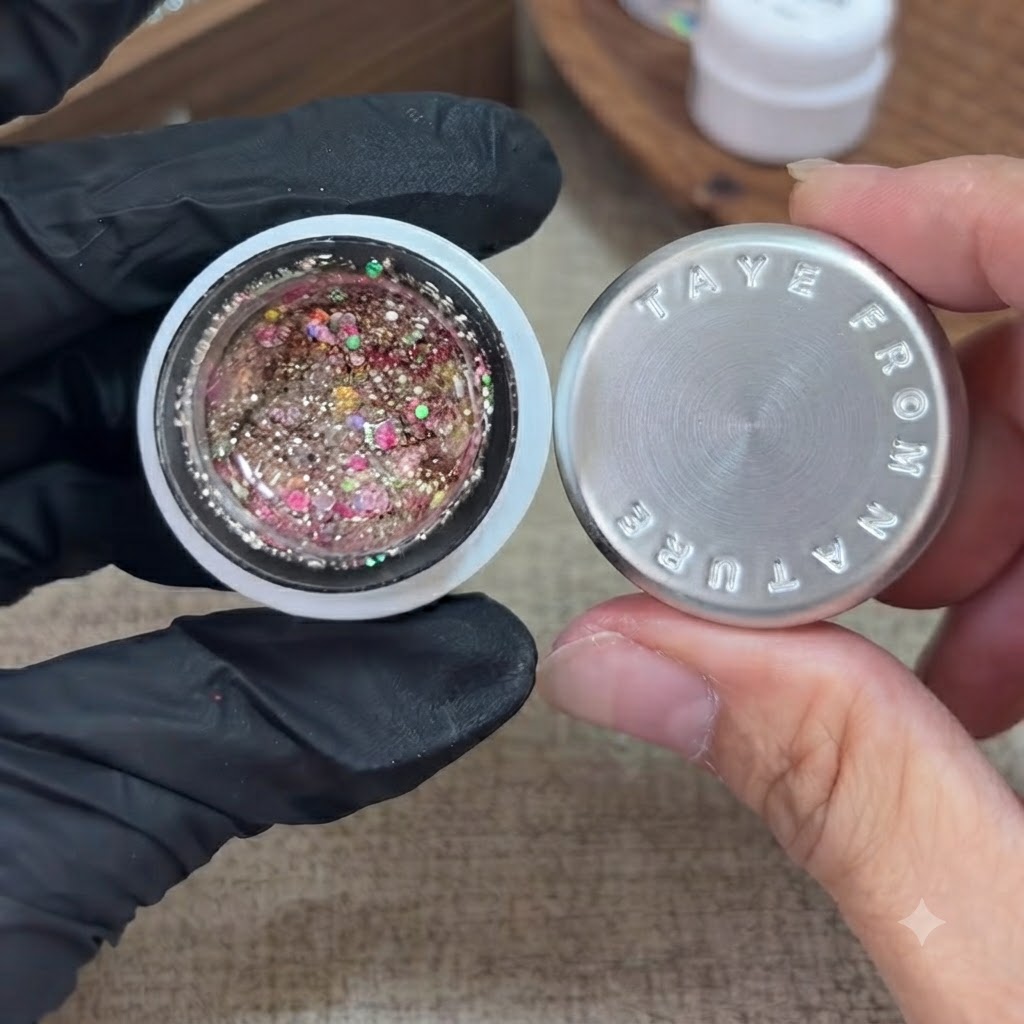 Una mano con guante sostiene un tarro abierto de gel con purpurina mientras un pequeño pincel se sumerge en la mezcla colorida.