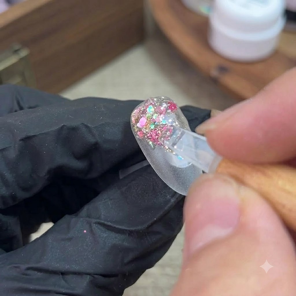 Un pequeño pincel aplica gel de purpurina colorido en el borde posterior de una punta de uña transparente.