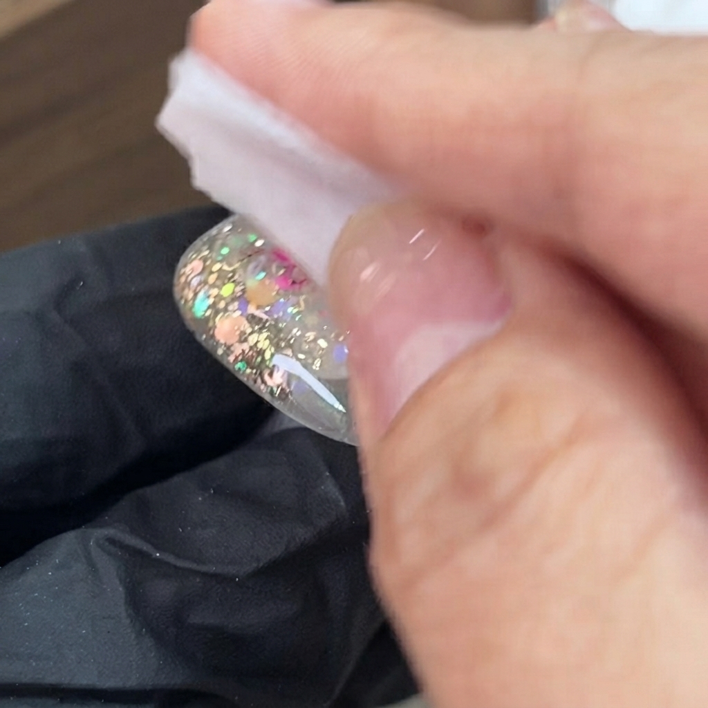 Una compresa sin pelusa limpia la superficie de una uña manicurada para eliminar la capa pegajosa.
