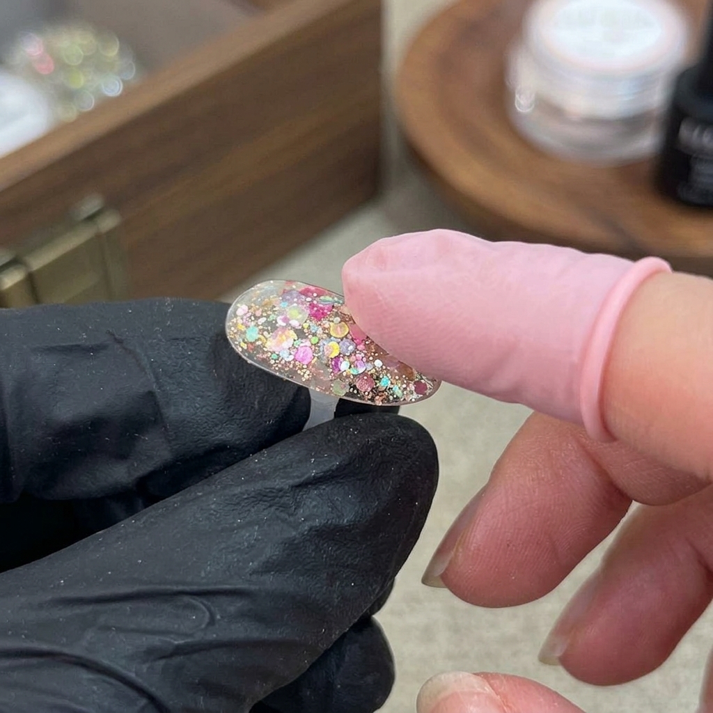 Un pequeño aplicador de esponja toca suavemente un degradado de gel blanco en una extensión de uña con base nude y cubierta de purpurina.