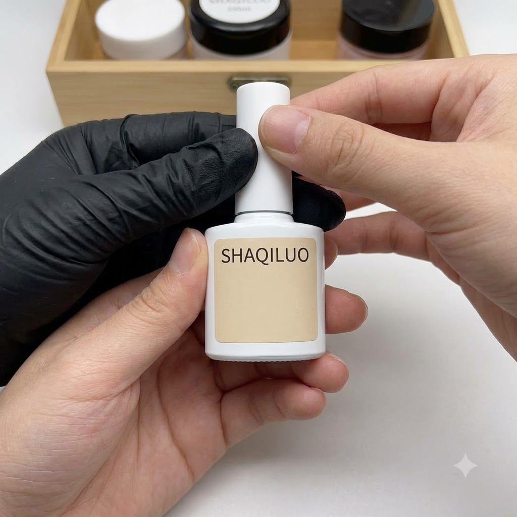 Una mano con guante sostiene una botella blanca de esmalte en gel Shaquiluo contra un fondo de mesa de madera.