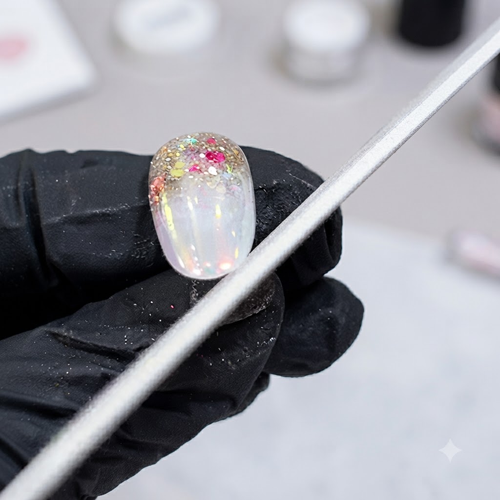 Una lima de uñas de metal descansa sobre una superficie de uña decorada sostenida por una mano con guante negro.