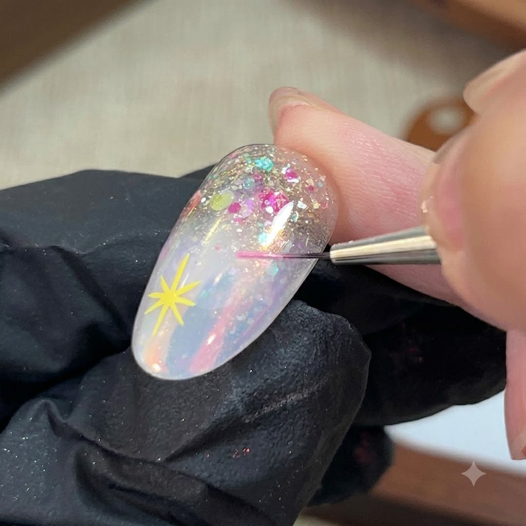 Un pincel fino que usa gel rosa para pintar una estrella de cinco puntas al lado de una estrella amarilla en una uña.