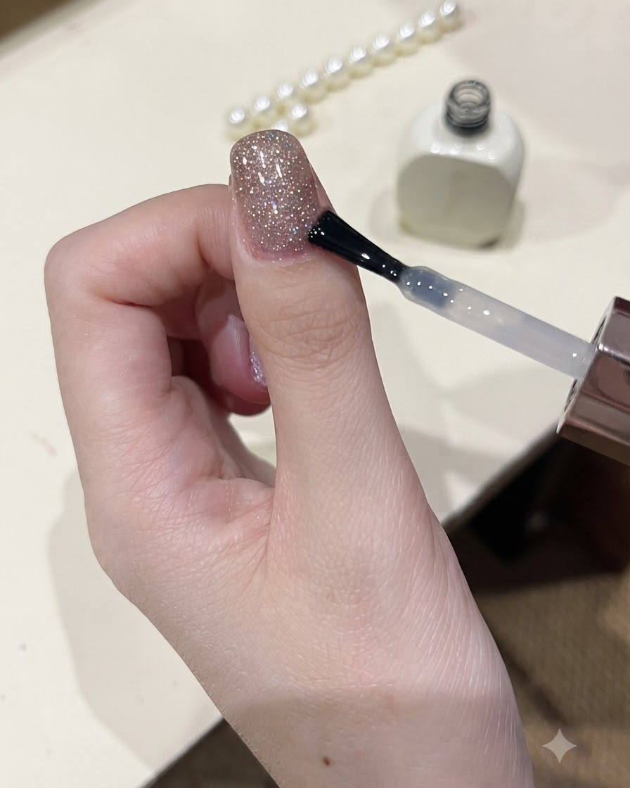 Un pincel aplicando una capa de esmalte protector transparente brillante sobre un diseño de uñas con purpurina brillante.