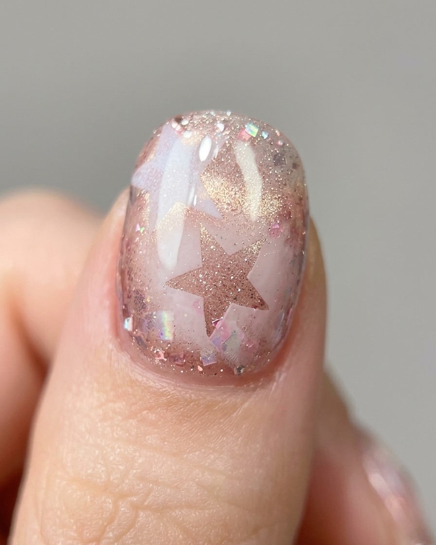 Unas pinzas colocando una pegatina de estrella metálica sobre una uña decorada con gel.