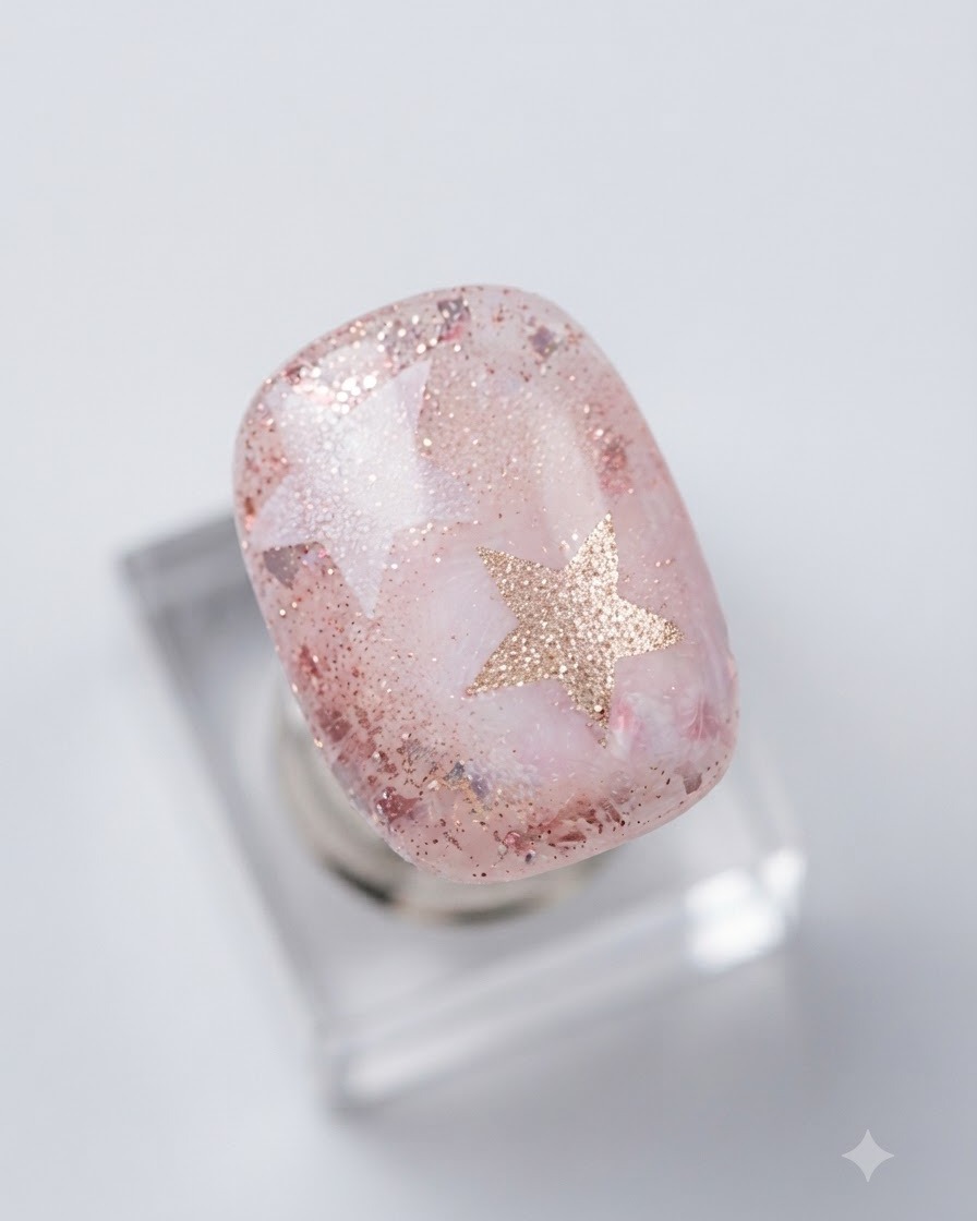 Un pincel deslizando una capa de capa superior de alto brillo a través del nail art terminado de estrellas huecas y purpurina.