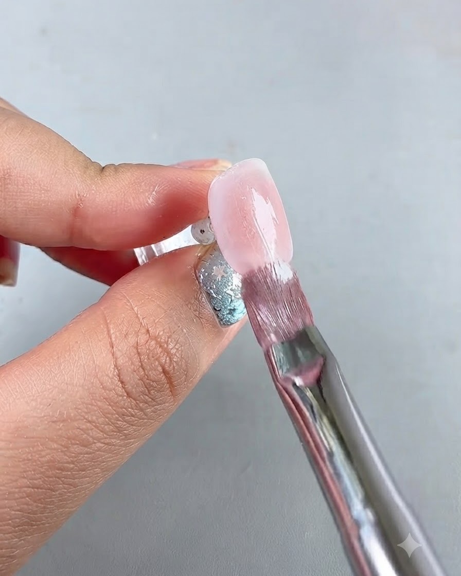 Un pincel cubriendo una uña con gel de ojo de gato translúcido sobre el fondo de rubor.