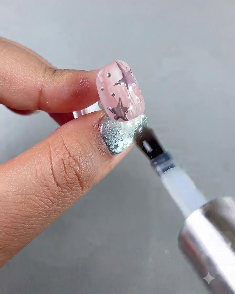 Un pincel aplicando una capa superior transparente sobre una uña rosa decorada con estrellas moradas y puntos plateados.