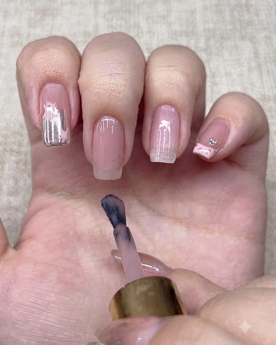 Un pincel de esmalte aplicando un color base nude sobre una uña.