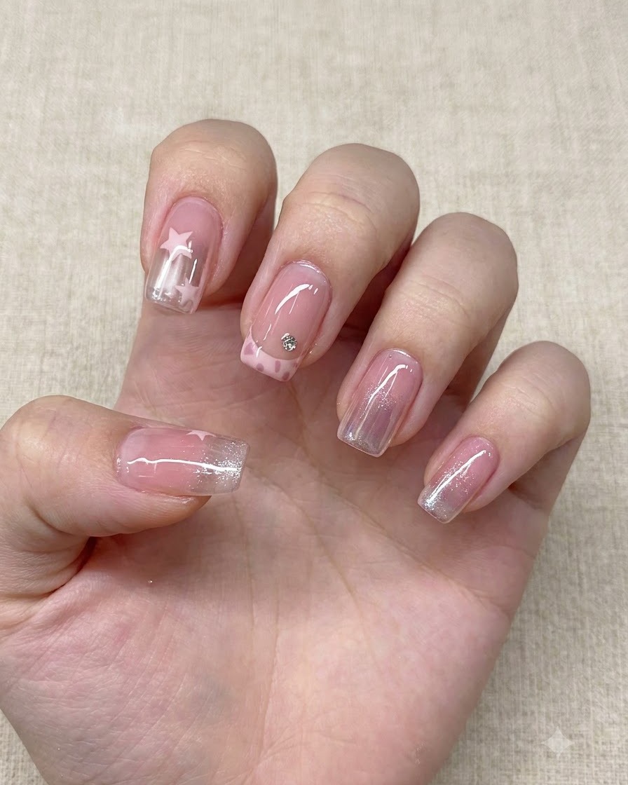 Un pincel fino de arte de uñas dibujando diminutas estrellas rosas sobre una uña brillante con degradado.