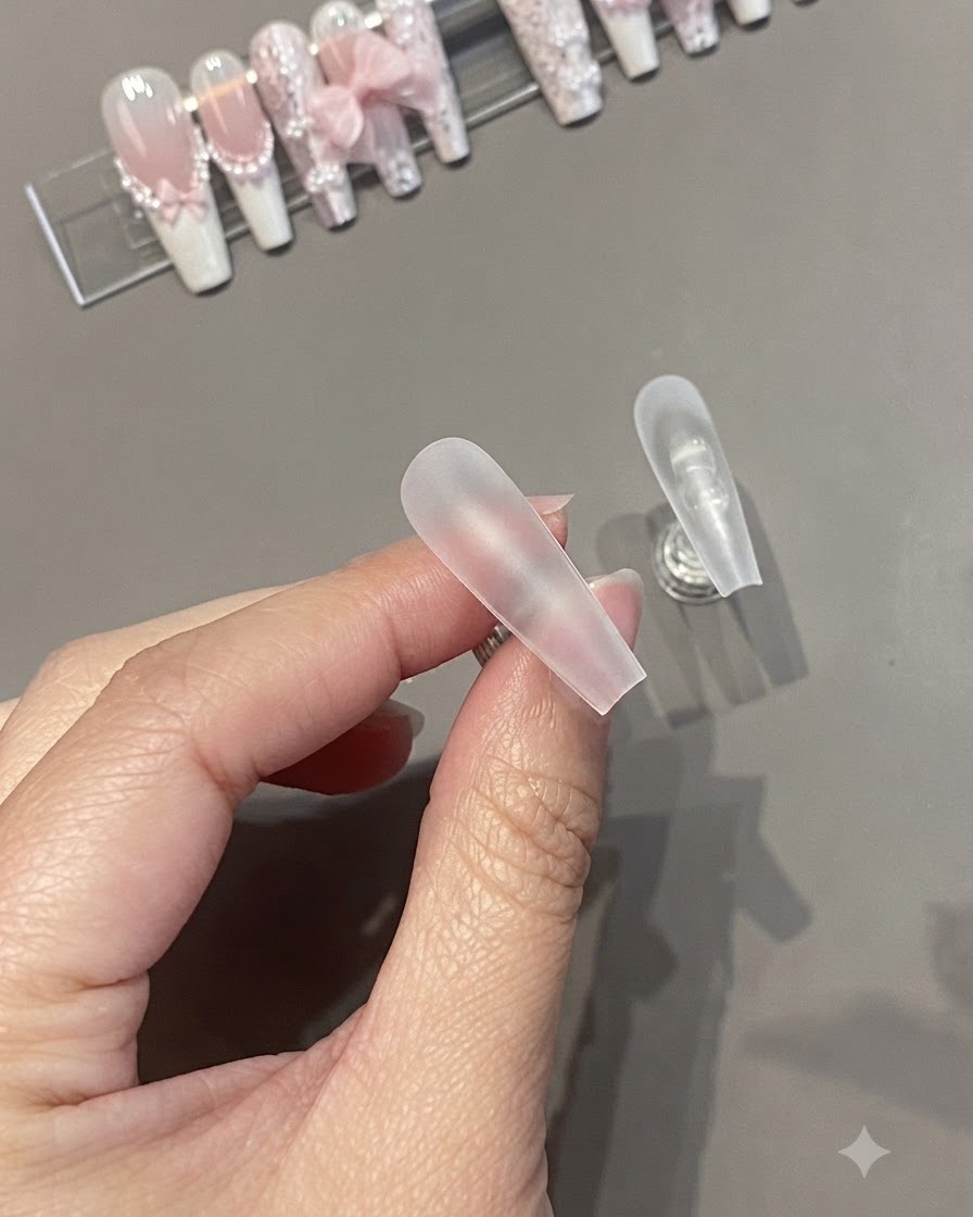 Un primer plano de manos sosteniendo una superficie de uña artificial esmerilada para prepararla para la aplicación de esmalte.