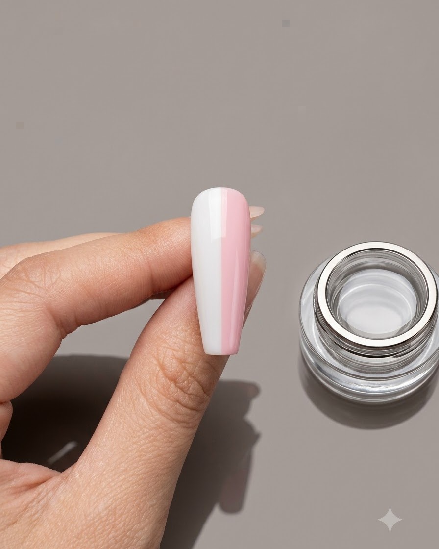 Una uña postiza mitad blanca y mitad rosa sostenida por los dedos con un frasco de gel transparente al lado.