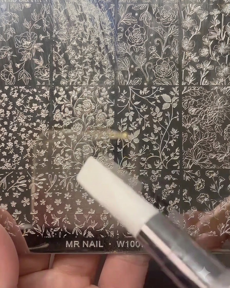 Un sello de uñas transparente presionando hacia abajo sobre una placa de estampado de metal grabada llena de varios patrones florales y botánicos.