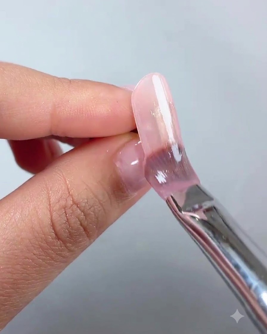 Una vista de cerca de un dedo que muestra una capa base rosa nude suave, brillante y curada en una uña extendida.